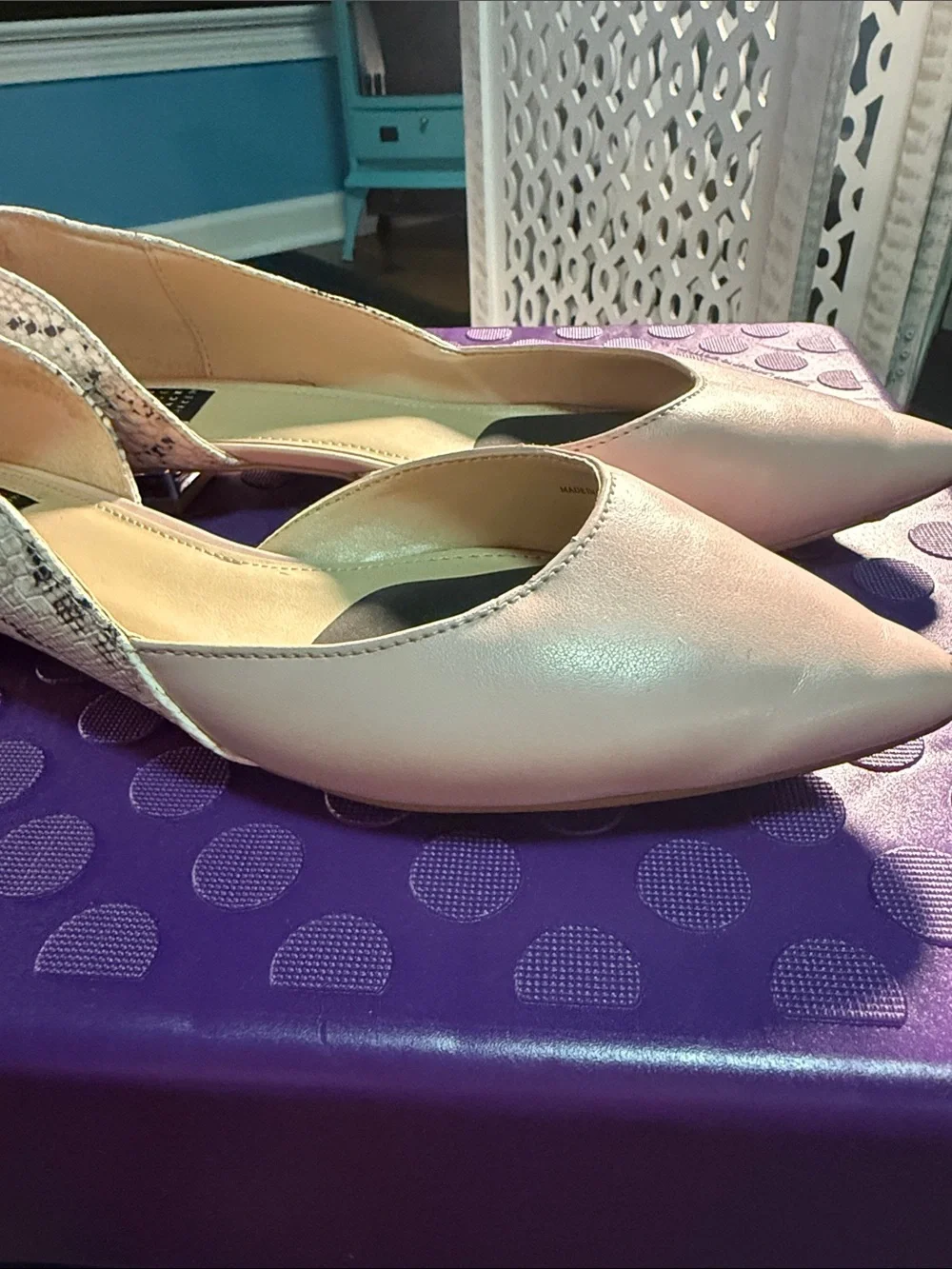 White House Black Market Blush Pink Pointed D'Orsay Flats with Snakeskin Accent